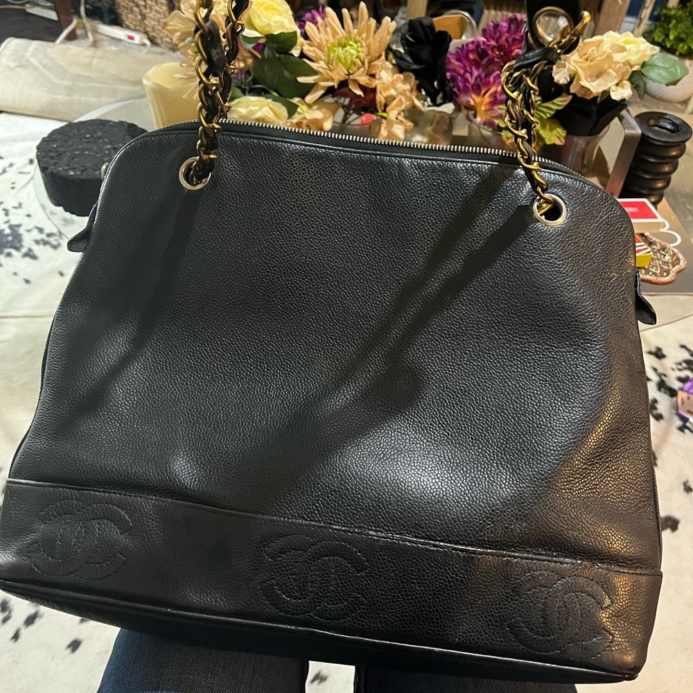 CHANEL Black Shoulder Bag with Gold-Tone Accents